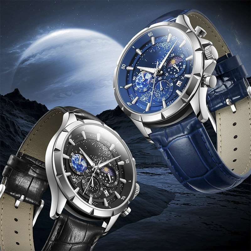 Luxury Starry Sky Quartz Watch for Men, Waterproof, 42mm Alloy Case, Leather Band