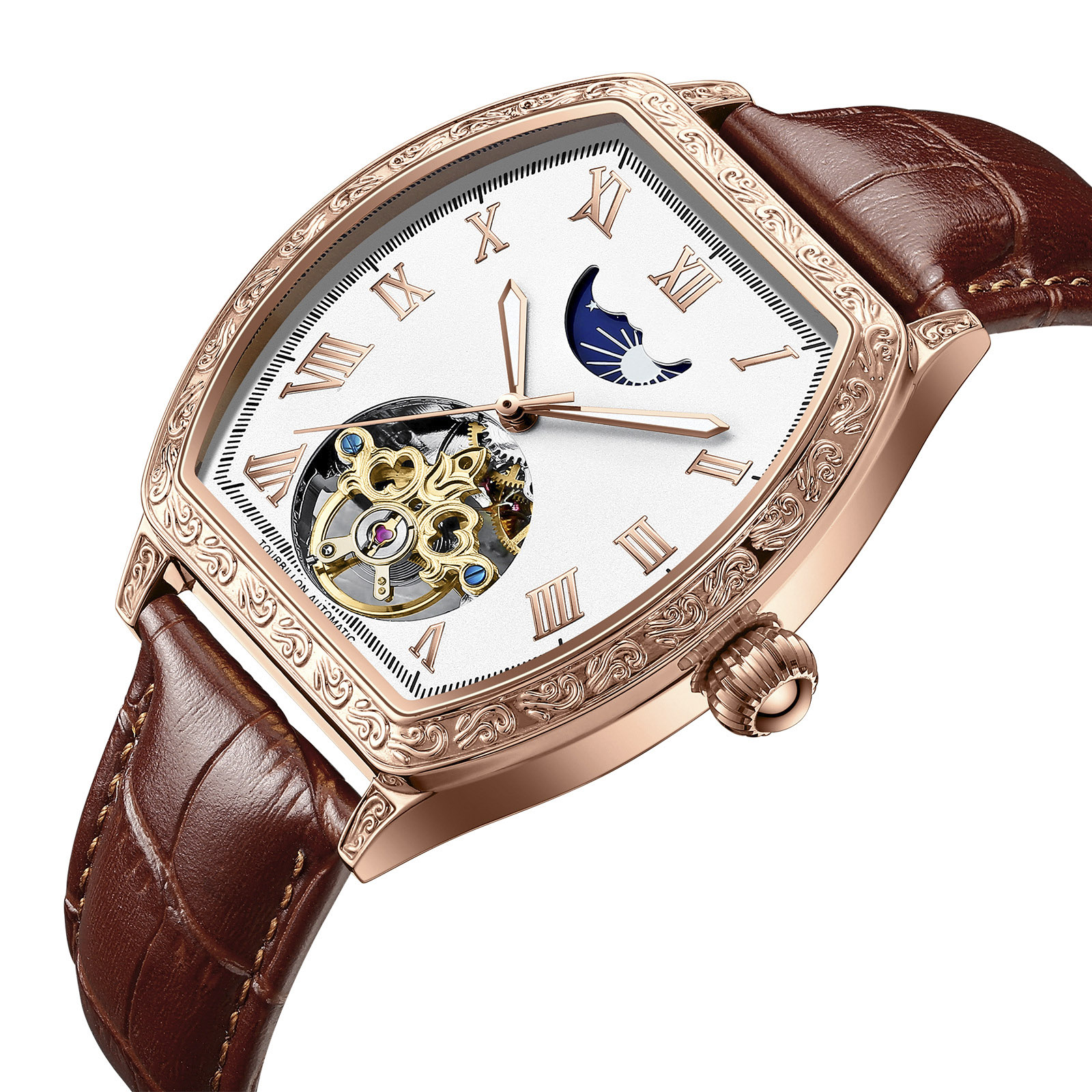 Multifunction Men's Barrel-Style Mechanical Watch, Luminous Dial, 21mm Band, Customizable OEM/ODM
