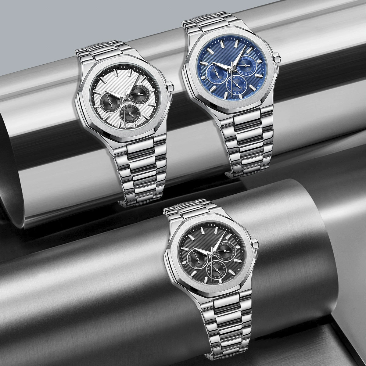 Luxury Bulk Buy 44mm Quartz Watch, Stainless Steel Band, Classic Round Case