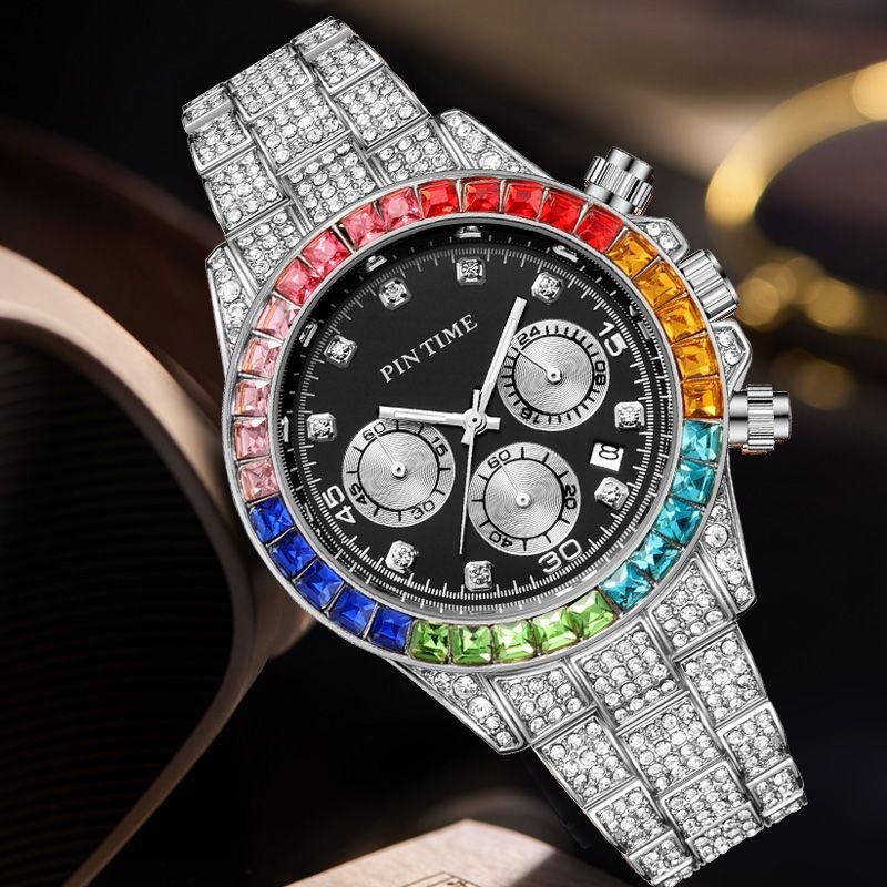 Custom Luxury Fashion Unisex Quartz Watch, 42mm Stainless Steel Band, Diamond Style