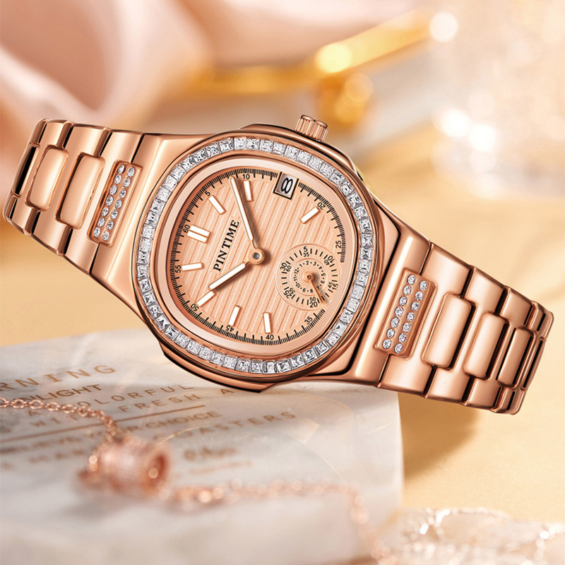 Women's Nautilus Diamond Quartz Watch, 32mm Rose Gold Steel Strap, Casual Luxury Style