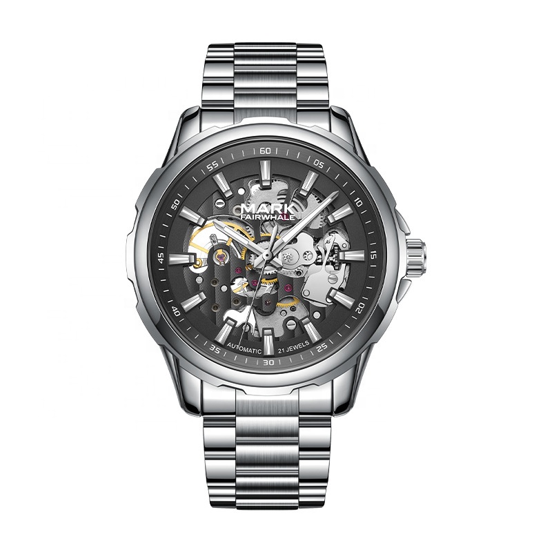 Automatic Mechanical Watch, 42mm Dial, Stainless Steel Band, Waterproof, Skeleton Design