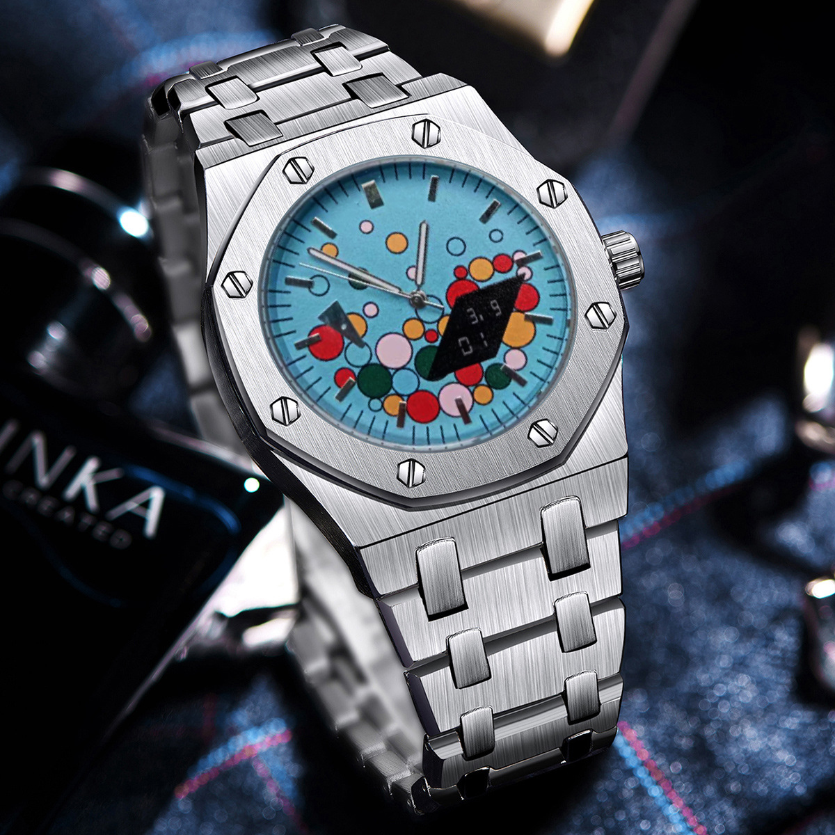 Pinshe Men's 41mm Octagonal Mechanical Watch, Dual Display, Waterproof, Stainless Steel Band, Sky Blue