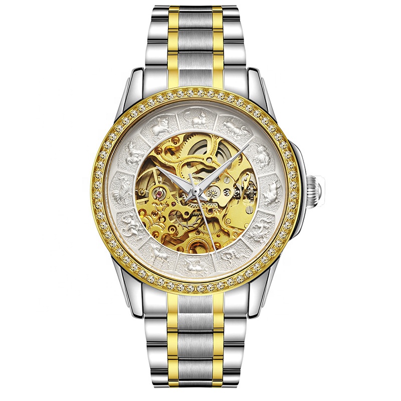 Men's Embossed Zodiac Skeleton Mechanical Watch, 42mm, Stainless Steel Band, 3 Colors