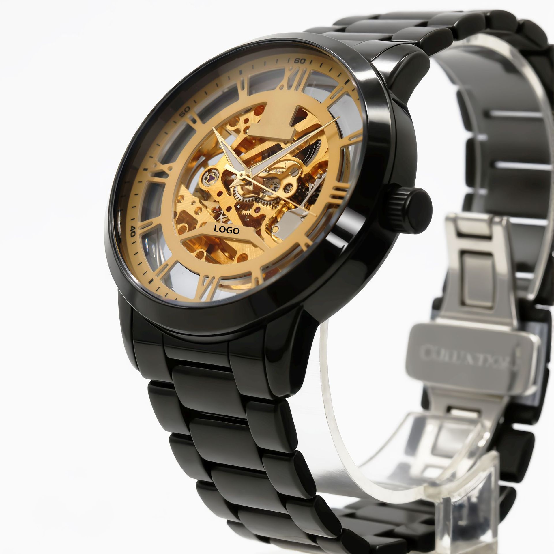 Men's Automatic Hollow Stainless Steel Watch, 42mm, Luminous, Waterproof, 20mm Band, Mechanical Movement
