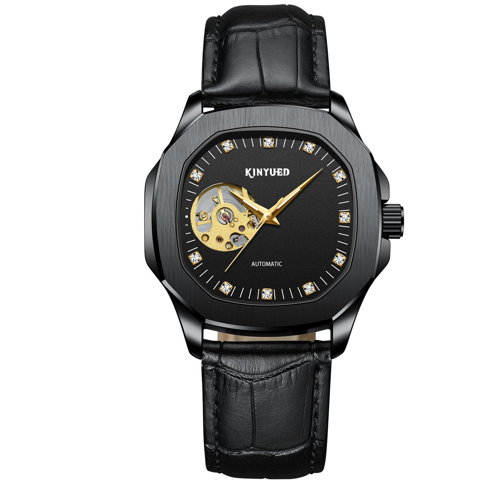 KINYUED Men's Skeleton Automatic Watch with Leather Strap, 42mm Dial, Luminous, Waterproof