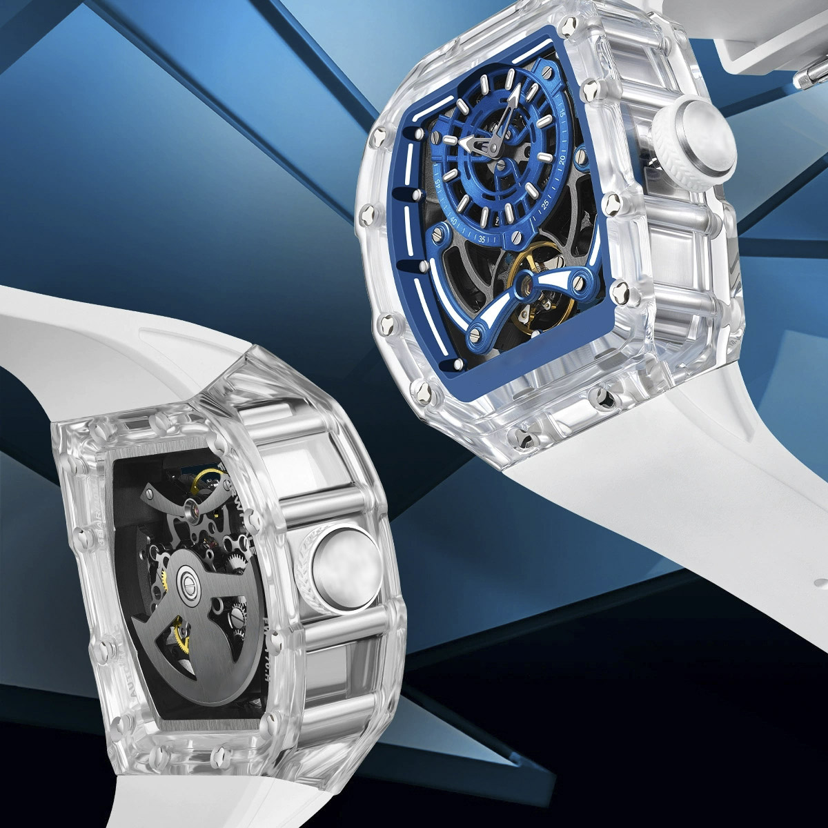 Luxury Automatic Mechanical Sports Watch, 42mm Metal Case, Hollow Luminous Dial, Rubber Band, Waterproof