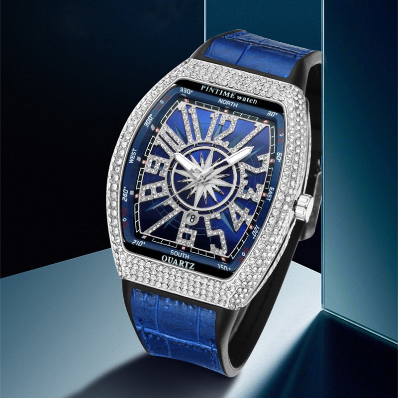 Men’s Retro Barrel Watch, Large Dial, Starry Sky, Leather Strap, Quartz, 49mm, Diamond Accents