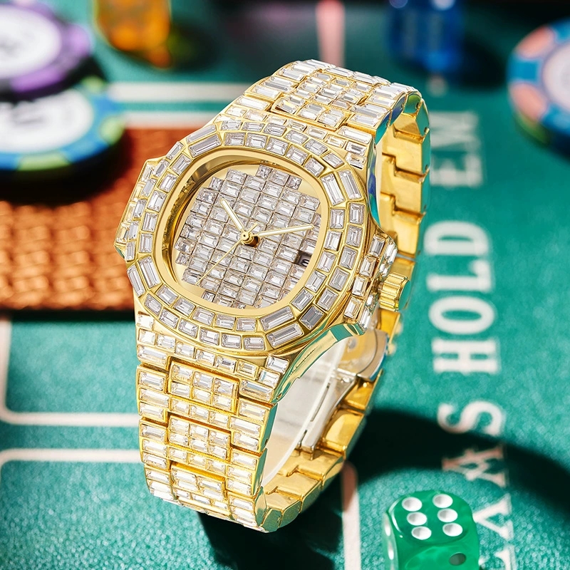 Diamond Luxury Colorful Hip-Hop Watch, Stainless Steel, 40.5mm, Iced Out Quartz, 4 Styles