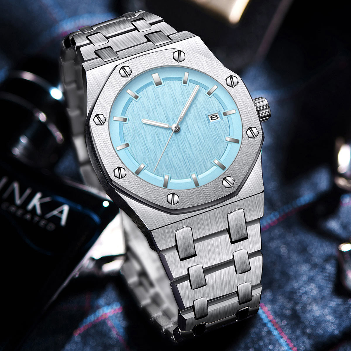 Men's Quartz Watch with Octagonal Screw Bezel, Stainless Steel Band, 41mm, Waterproof, 3 Colors