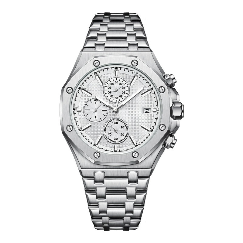Luxury Men’s 43mm Quartz Watch, Stainless Steel Band, Custom Logo, Chronograph, Vintage Style