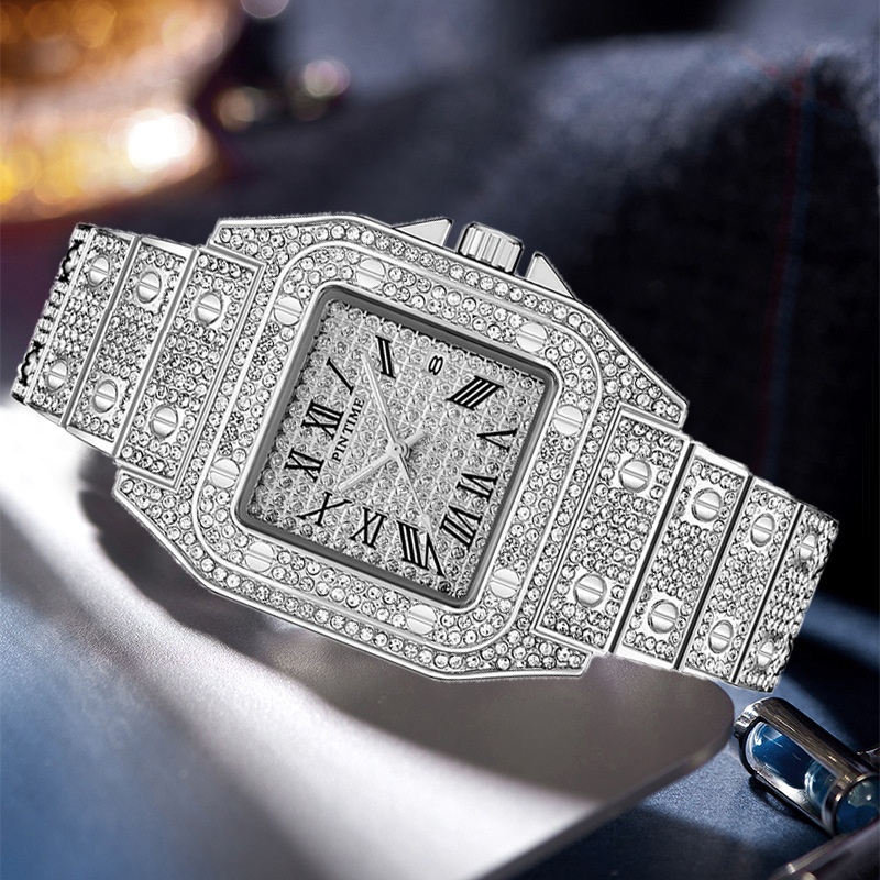 Luxury Women's Quartz Watch with Diamond Dial, 50mm Large Face, 20mm Steel Strap