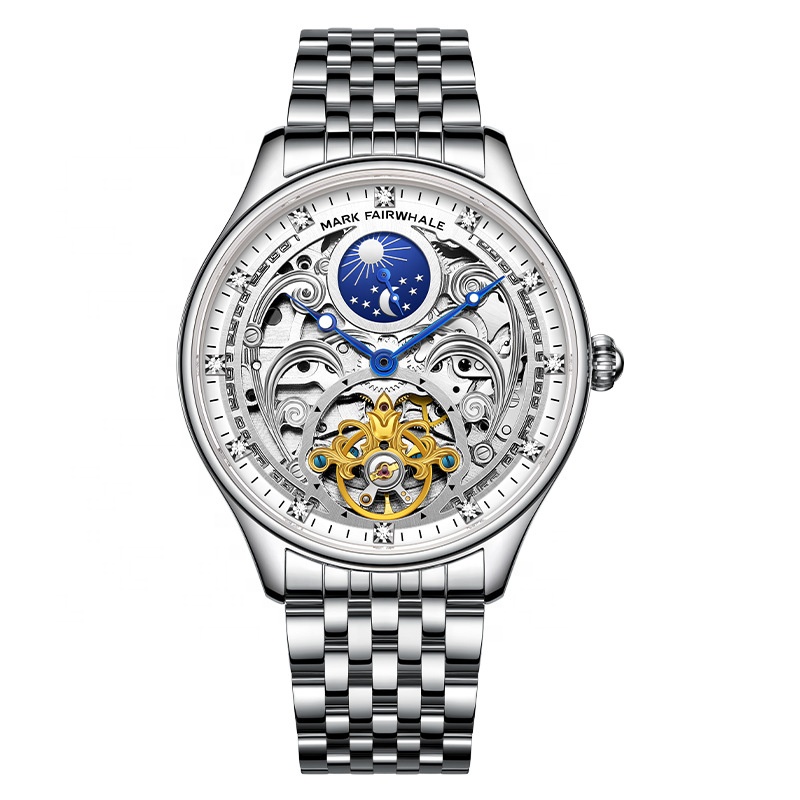 Men's Luxury Automatic Skeleton Watch with Moonphase, Waterproof, 40mm Dial, Leather Strap