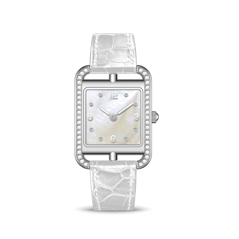 Women's Fashion Luminous Waterproof Quartz Watch, Square Diamond, Leather Band, 23mm
