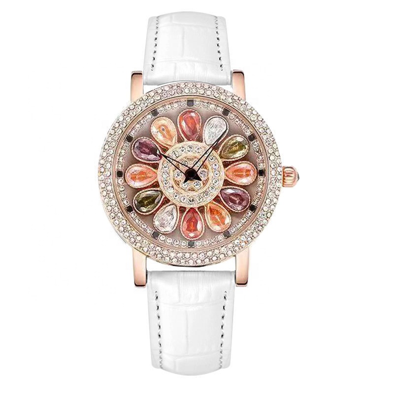 Women's Waterproof Colorful Diamond Quartz Watch, Leather Band, 40mm, Alloy Case, 3 Styles